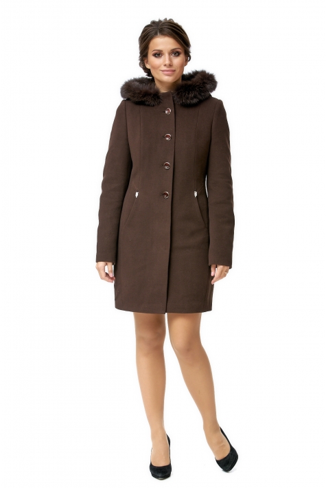 Женское пальто из текстиля с капюшоном, отделка песец 8002191