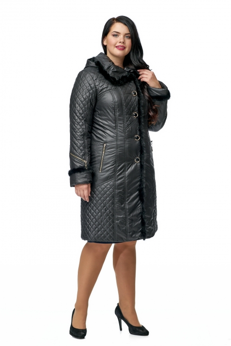 Женское пальто из текстиля с капюшоном, отделка норка 8015923