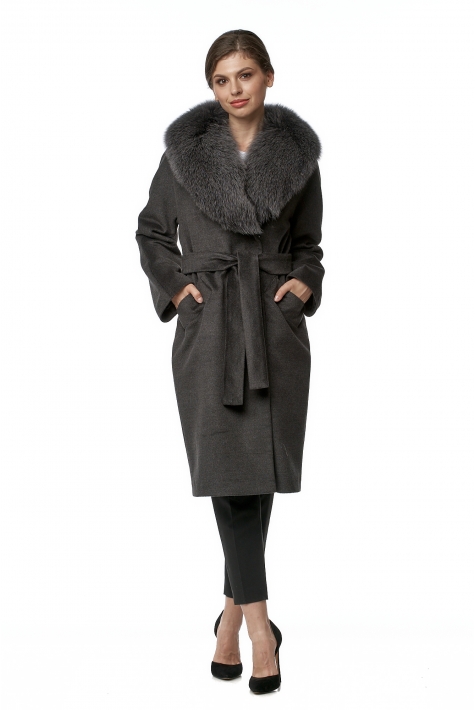 Женское пальто из текстиля с воротником, отделка песец 8018899