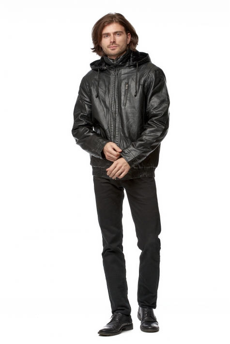 Мужская кожаная куртка из эко-кожи с капюшоном, отделка искусственный мех 8019282