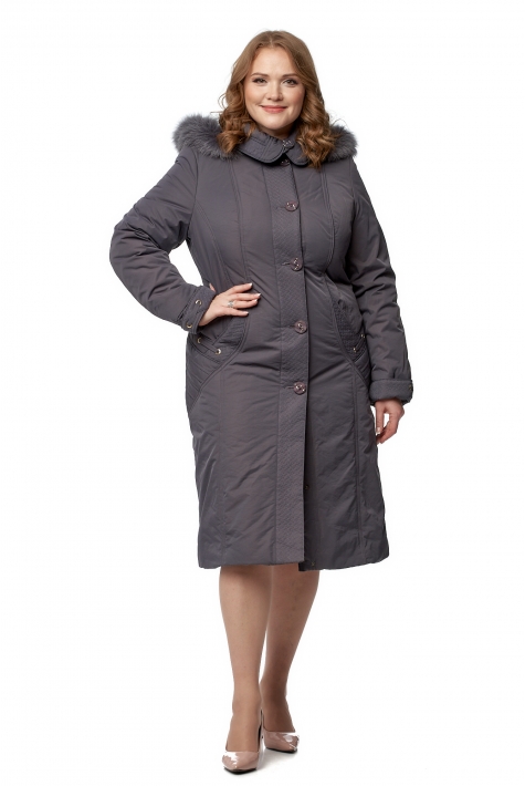 Женское пальто из текстиля с капюшоном, отделка песец 8019512