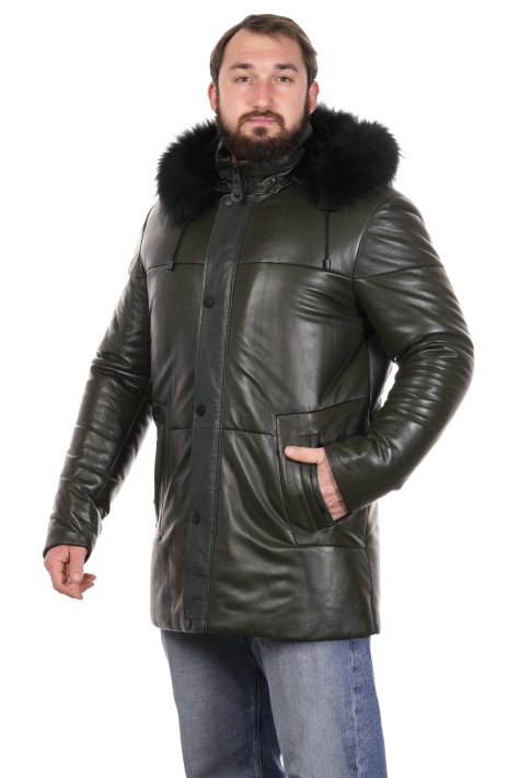 Мужская кожаная куртка из натуральной кожи на меху с капюшоном, отделка енот 8022843